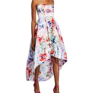 “Parker Black” Roxanne Strapless High Low Gown Floral Dress